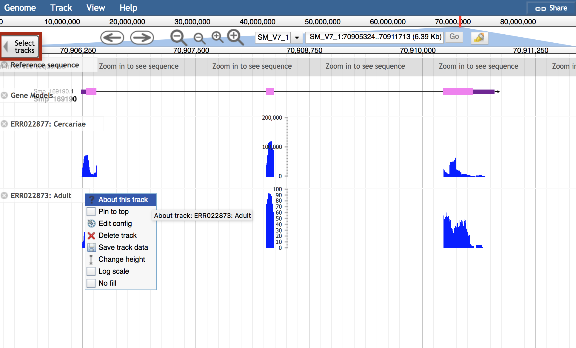 JBrowse two tracks and track selector highlighted